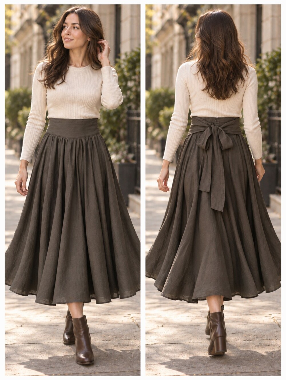 Black Crane Wrap Tie Waist Full A-Line Cotton-blend Midi Skirt Women's Size S